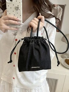 草莓时尚新款单肩斜挎手提包休闲托特包抽绳水桶包极简向日葵单肩包 - 黑色 - 查看 5