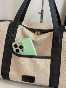 Simple Large Capacity Travel Luggage Bag, Fashionable Colorblock Handbag Boston Shoulder Bag, Versatile For Casual Use, Can Be Carried As Shoulder Or Crossbody Bag, Black & Brown With Beige Travel Bag For Suitcase Overnight Bag Gym Bag Duffle Bag Weekend Bag Duffel Bag Carry On Bag College Bag Luggage Bags Weekender Bag For Luggage Hospital Bag Holiday Winter Bag For School School Accessories School Stuff