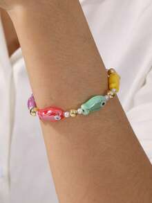 1 件可爱海洋风格树脂小鱼珍珠铜串珠项链，适合女士海边派对海滩度假派对夏季日常节日装，18k 镀金时尚夏季女士百珠宝礼物，适合送给朋友姐妹妈妈（小鱼有轻微瑕疵）