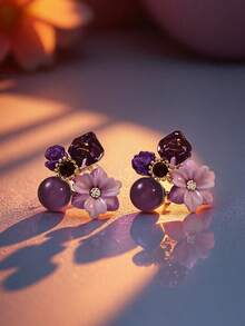 1 对优雅温柔的紫水晶花方形耳钉，适合女士宴会、派对、节日装扮 - 紫羅蘭色 - 查看 1