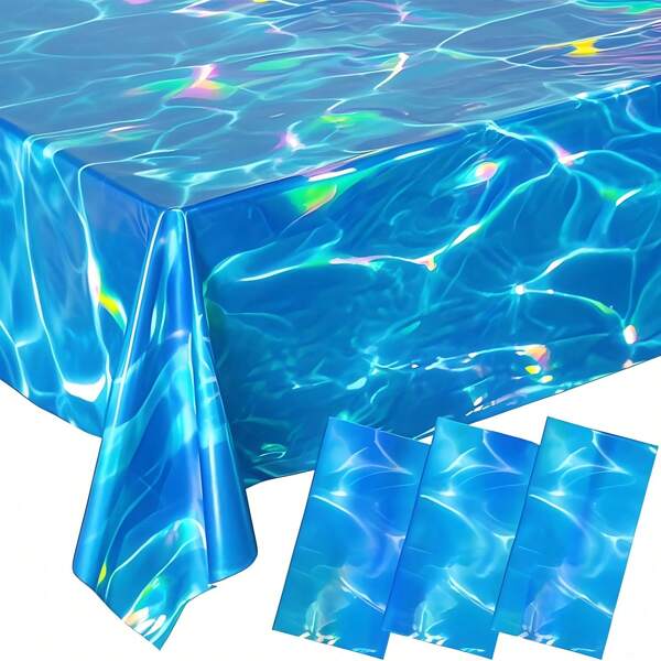 1 paquet/2 paquets Nappe de table irisée à motif de vagues océaniques 54 x 108 pouces. Nappe de table jetable à imprimé océanique. Nappe de table à motif océanique pour fête d'été, plage, piscine, mariage. Fournitures de fête d'anniversaire sur le thème de .