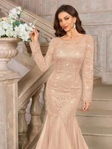 MIUSOL Đầm maxi dài tay phối ren hoa đính sequin thanh lịch, kiểu đuôi cá, thích hợp cho các buổi tiệc trang trọng, dạ hội, đám cưới, lễ tốt nghiệp, dạ tiệc và các dịp khác. - Rượu sâm banh - Xem 10
