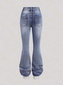 Jeans acampanados de cintura alta ajustados casuales para mujer, jeans de colores claros versátiles de moda europea y americana, jeans acampanados retro, jeans de colores claros que hacen que las chicas pequeñas se vean más delgadas y altas. - Azul - Ver 2