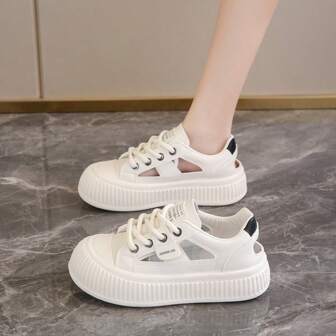 Zapatillas de mujer con suela gruesa blanca, diseño transpirable y hueco, zapatillas de corte bajo con cordones, suela de goma, cómodas para todo el día, adecuadas para uso diario, casual y skateboarding