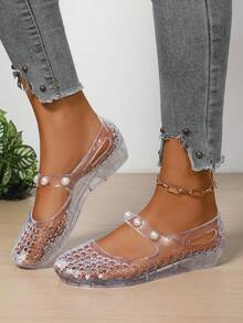 Women's Crystal Clear Jelly Hollow Out Pearl Ankle Strap Non-Slip Casual Fashionable Versatile Summer Sandals