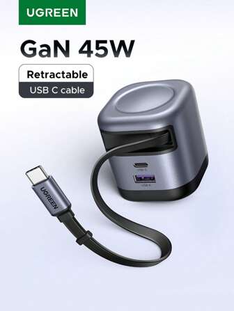  UGREEN 45W 3 端口 GaN 2*USB-C 1*USB-A 快速充电器 SFC 2.0 超级快速充电 2.0 45W 带伸缩电缆适用于 SAM SUNG S24 Ultra S24+ S25+ S25 Ultra 兼容 16 15 Pro Max 适合多人充电、多设备充电、家庭充电需求和办公桌手机充电器多端口 Nan 高输出功率