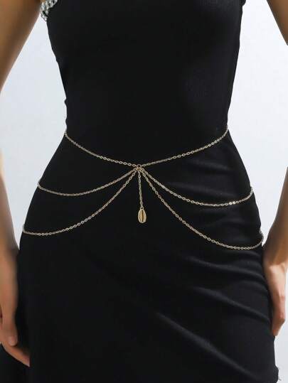 1pc Women's European & American Style Waist Chain With Seashell Pendant, Multilayer Rhinestone Chain Belt, 105cm Length, Suitable For Halloween, Christmas, Party, Wedding, Everyday Wear Fall, Autumn, Halloween