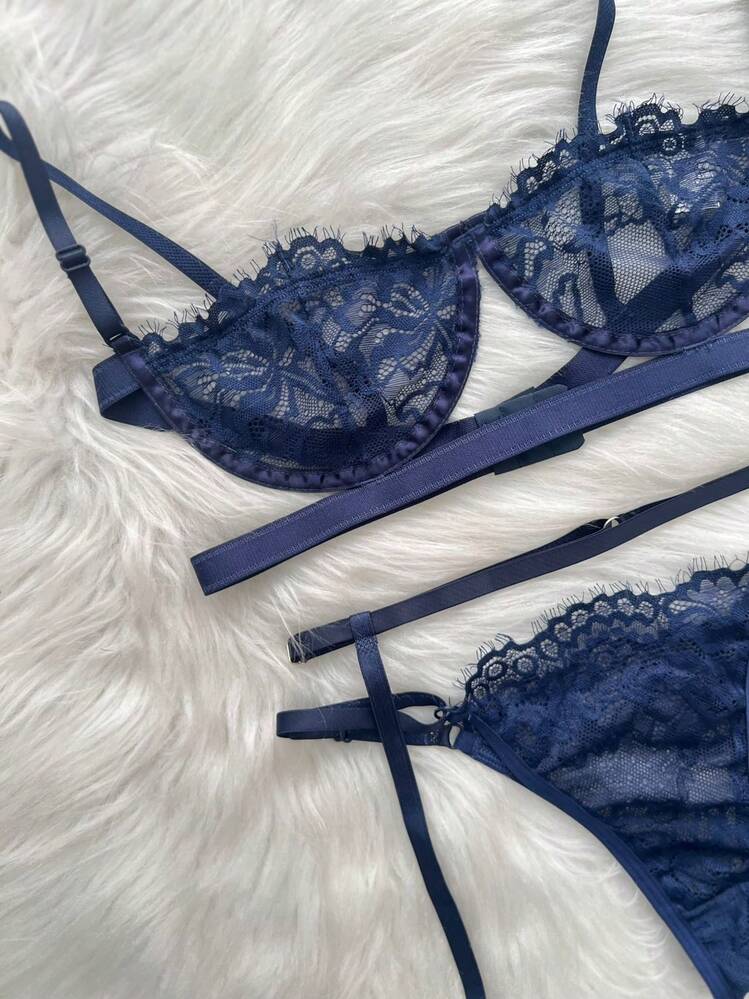 Kit Conjunto Sexy Gringa Sutiã Com Aro e Calcinha Regulável + Cinta Liga - Azul - Visão 2