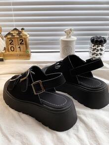 女士厚底凉鞋，露趾镂空坡跟凉鞋，休闲套脚拖鞋，适合夏季度假，可搭配连衣裙和沙滩装，厚底拖鞋 - 黑色 - 查看 4