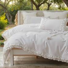 Pink Cotton Ruffled Comforter Set Queen Size, Vintage Shabby Chic French Country Farmhouse Bedding With Coquette Aesthetic - 白色 - 查看 5