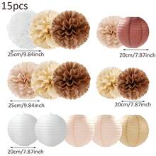 1 Set=15pcs Holiday Party Decorations Paper Flower Balls, Tissue Paper Pom Poms, Paper Lanterns, Ceiling/Yard Hanging Decors, Boho Style Earthy Tones, Suitable For Autumn Harvest, Halloween Purple, Birthday, Anniversary, Wedding (Excluding Lights) - Multicolor - View 15