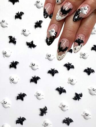 100 件万圣节美甲饰品套装 3D 树脂哥特式万圣节美甲饰品幽灵蝙蝠美甲配件怪异树脂幽灵指甲万圣节装饰女士美甲用品指甲美甲宝石