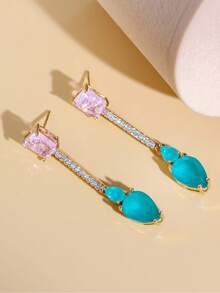 1 Pair Awesome Pink Light Blue Cubic Zirconia Bridal Wedding Long Dangle Drop Gold Plated Earrings With 925 Silver Post CZ Women Party Jewelry Accessories - Blue - View 7