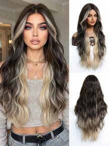 28 英寸棕色挑染金色长发自然波浪合成假发，适合女士中分自然造型假发，适合女孩日常上学、母亲节佩戴、万圣节、圣诞节礼物、女友礼物、女友礼物，非常适合日常假日旅行佩戴