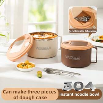 Bol de fideos instantáneos de acero inoxidable 304 de gran capacidad con tapa, caja de almuerzo con aislamiento térmico, portátil, para estudiantes, adultos, cafetería