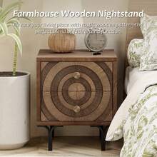 COZAYH Farmhouse 2-Drawer Nightstand, Accent Wooden Nightstand With Circle Pattern And Radioactive Wood Lines, Mid-Century Nightstand For Bedroom, Natural Wood Color - Tủ đầu giường 2 ngăn kéo - Xem 3