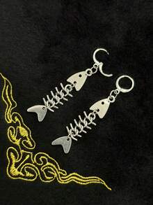 Punk Hip-Hop Fish Bone & Thorn Design Earrings For Women, Suitable For Daily Wear - Silver - View 2