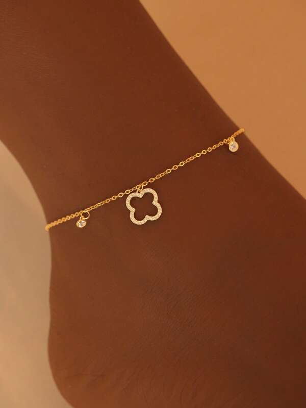 1 Stück 925 Sterling Silber Luxus Kleeblatt Zirkonia Fußkette, Valentinstag/Geburtstag Geschenk für Freundin/beste Freundin, vielseitiges Accessoire für den täglichen/lässigen Gebrauch