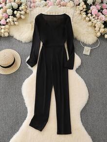Fashionable Solid Color Slim Fit Jumpsuit, Long Sleeve - Black - View 6