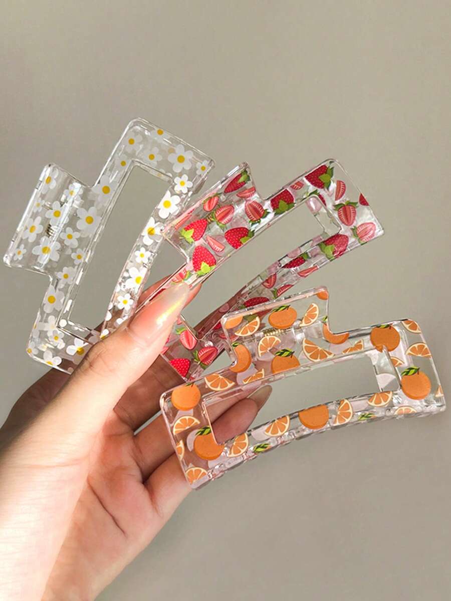 Bộ 3 kẹp tóc/1 kẹp tóc nhựa vuông lớn 8.5cm/3.35in in hình hoa, dâu tây, cam thanh lịch dành cho nữ, phụ kiện tóc thời trang đơn giản tối giản cho hàng ngày, tiệc tùng, bãi biển, phòng tắm, kẹp tóc làm đẹp tiện dụng, kẹp tóc thường ngày cho mùa thu đông, trang phục đi nghỉ mát cho nữ mùa hè. - Nhiều màu - Xem 1