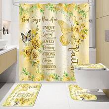 4 Pcs Yellow Inspirational Quotes Shower Curtain Set With Rugs And Toilet Lid Cover, Colorful Boho Waterproof Fabric Bathroom Set, Bible Verse Floral Bathroom Decor Set Accessories - 黃色 - 查看 2