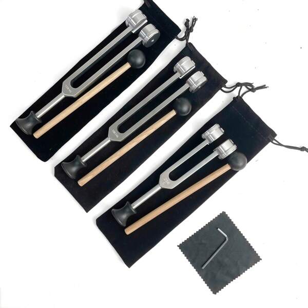 1 Set Of Tuning Forks, 256C/128Hz/136.1Hz, With Wooden Mallet, Felt Mallet, Small Cleaning Cloth, And Storage Pouch, Tuning Fork Set For Sound Frequency Relaxation Devices, For Yoga And Meditation