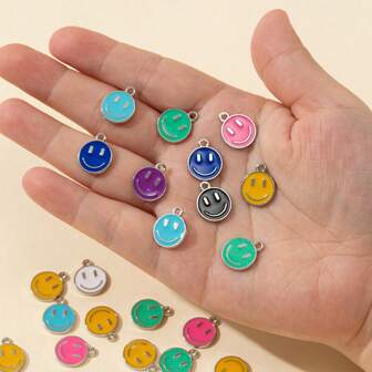 20pcs Mixed Color Smiling Face Round DIY Pendant, Fashionable Personalized Cute Cartoon Rainbow Color Accessory Versatile For Necklace, Bracelet, Earring