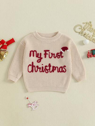 Baby Girls Knit Sweater Christmas Hat And Letter Embroidery Crew Neck Pullover Long Sleeve Tops