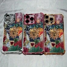 Vintage Sun Print Pattern Design Electroplated Frame Phone Case Suitable For IP11 Pro Max 15 16 Plus 13 X 14 12 XS MAX All Inclusive Anti Drop Soft Cover - Black - View 4