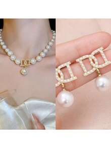 奢华珍珠字母项链和耳环套装，女士配饰礼物，适合日常佩戴