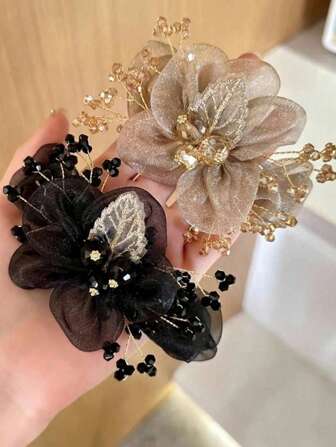 2个/1个女士蕾丝花朵发饰，优雅设计，网纱和水晶装饰，弹力装饰发圈，适合派对、节日和日常佩戴，可搭配各种发型，四季皆宜，发圈、发绳、发饰、马尾发圈、发圈、橡皮筋、发圈、发绳