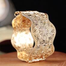 1 pieza Brazalete vintage de metal algerino con patrón floral hueco tallado, regalo para mujeres árabes en fiestas de cumpleaños, joyas para banquetes