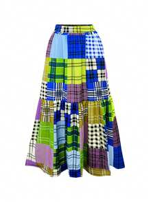 假日时尚波西米亚格子印花拼布松紧腰腰侧口袋半裙。