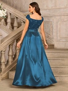 MIUSOL Sequin Floral Lace Sweetheart Neck Cap Sleeve Contrast Satin Formal Party Maxi Dress, Elegant Party Dress For Women, Formal Evening Gown, Prom Dress, For Easter, Mother Day, Wedding Guest, Graduation, Dinner - 霧霾藍 - 查看 2