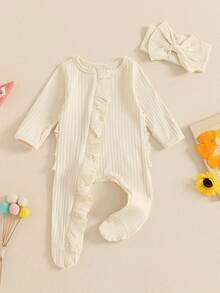 Newborn Girl Fall Outfit Solid Ribbed Ruffle Trim Long Sleeve Zipper Front Footed Bubble Jumpsuit Bow Headband 2 Piece Set - Apricot - View 5