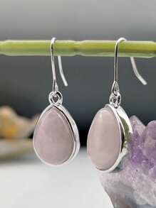 1 Pair Vintage Silver-Tone Inlaid Natural Quartz Teardrop Dangle Earrings