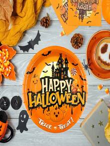 50pcs Halloween Theme Paper Plates, Cups And Napkins, Birthday Party Decorations, Happy Halloween, Pumpkin Bat, Castle Elements, 7 Inch Party Dessert Plates, 9 Inch Dinner Plates And 9oz Paper Cups, Napkins, Halloween Party Supplies - Multicolor - View 3