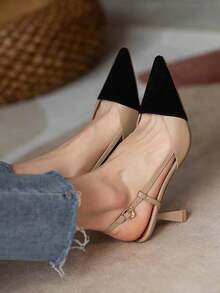 Tacones altos de mujer, tacones altos puntiagudos, tacón abierto, a la moda y versátiles - Caqui - Ver 2