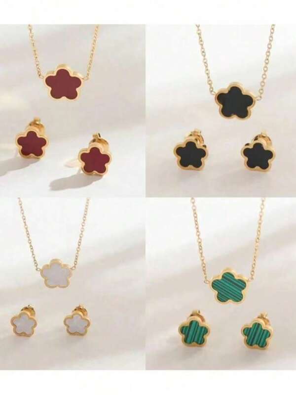1 Set Exquisite 5-Petal Flower Necklace Earrings Accessories, High-End Seashell Titanium Steel Floral Necklace Chain