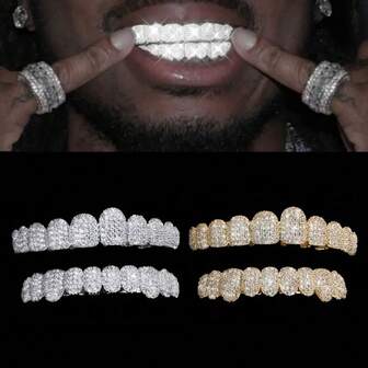 THATBOY 1 pieza/2 piezas Grillz de 10 dientes chapados en oro de 18K, estilo hip hop punk con cristales, joyería corporal de estilo sencillo, accesorios dentales adecuados para uso diario y Halloween