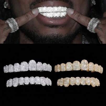 THATBOY 1 件/2 件 18K 镀金嘻哈朋克 10 颗冰晶牙套，简约风格身体珠宝牙齿配件适合日常佩戴、万圣节