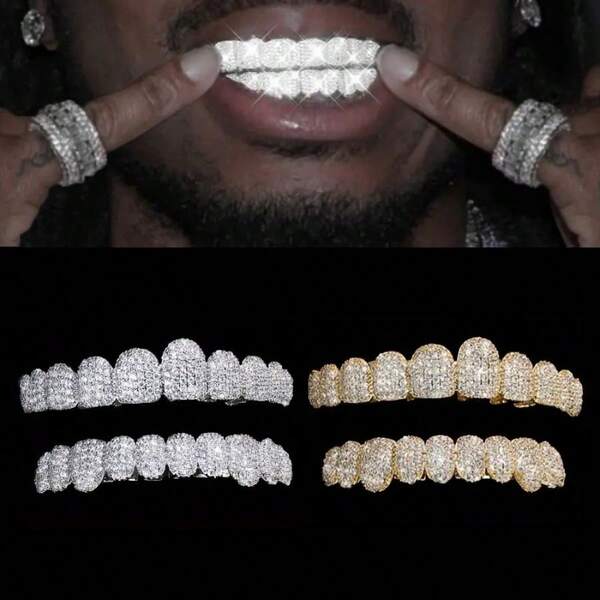 THATBOY 1 قطعة/2 قطعة مطلية بالذهب عيار 18 قطع أسنان هيب هوب بنمط بانك مرصعة بالكريستال، إكسسوارات أسنان بتصميم بسيط للمجوهرات الجسدية مناسبة للارتداء اليومي وعيد الهالوين