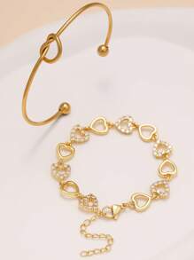 Sexy Charming Fashion Hollow Heart Shaped Cubic Zirconia Inlayed Stainless Steel Bracelet And Bangle Set For Women, Suitable For Dates, Gala Dinners, Parties, And Gifting