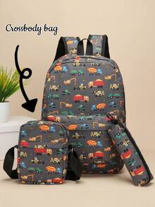 3pcs Back To School New Backpacks For The Back To School Season, Simple, Casual, Fashionable, Large Capacity, Multi-Pocket, Fashionable, Casual, Cute Cartoon Excavator Combination Bag, Multifunctional Combination Bag, 3 PiecesBackpack, Messenger Bag, Pencil Bag, Nylon Zipper Closure, Very Suitable For Campus School, Outdoor Sports, Travel, Camping, Daily Use. - Multicolor - View 9