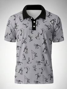 Men's Allover Funny Doodle Print Casual Fashion Short Sleeve Polo Shirt