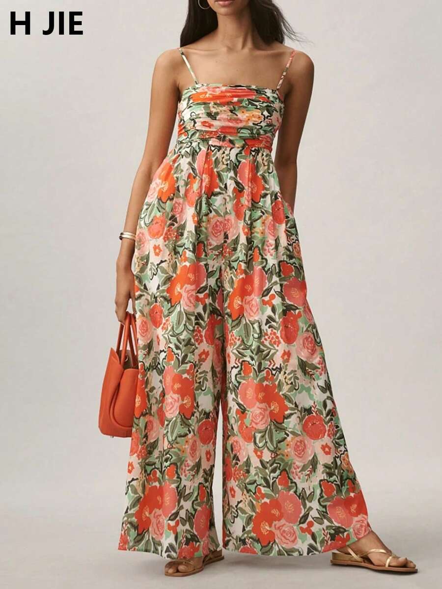 Women's Geometric Print Jumpsuit, With Ruffle Top Design, Creates A Casual Elegant Look, Suitable For Graduation Ceremony Or Daily Wear - Color - View 1