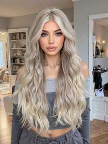 舒适高品质自然弯曲中段卷发挑染白金色 26 英寸女士假发合成编织化学纤维假发非常适合日常佩戴假日旅行派对角色扮演万圣节圣诞假发、万圣节圣诞礼物 - 挑染灰色 - 查看 1