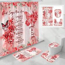 4 Pcs Yellow Inspirational Quotes Shower Curtain Set With Rugs And Toilet Lid Cover, Colorful Boho Waterproof Fabric Bathroom Set, Bible Verse Floral Bathroom Decor Set Accessories - 紅色 - 查看 1