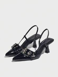 Women's Summer New Rivet Decorated Backstrap Pointed Toe Mule High Heel Sandals, Versatile And Stylish - Black - View 6