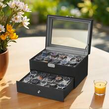 20-Slot Watch Box, Watch Case With Glass Lid, 2 Layers, Lockable Watch Display Case, Black Synthetic Leather - 黑色+灰色 - 查看 1
